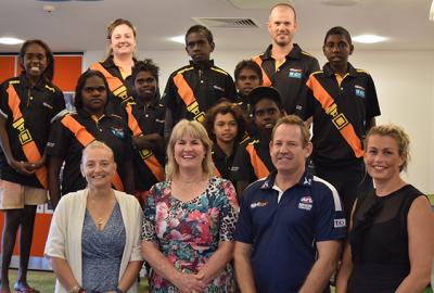 Kate Worden, Minister Eva Lawler, Stu Totham and Rychelle Vines pictured with students from Peppimenarti
