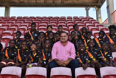 Michael Long with Elcho Eylandt and Ramingining students the day after being awarded NT Australian of the Year